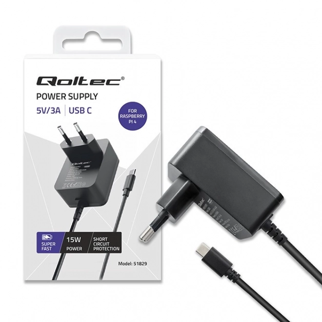 Nabíječka Super FAST PD pro Raspberry PI 4 | USB-C | 15W | 5V | 3A | Černá