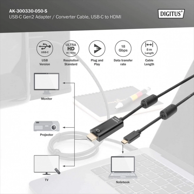 Kabel USB-C na HDMI 5m 4K/60Hz černý