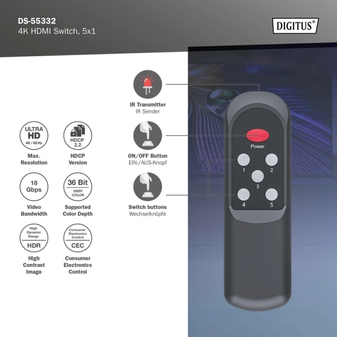 HDMI přepínač 4K s dálkovým ovládáním