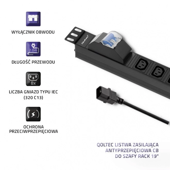 Napájecí lišta pro 19palcový rack | jistič | 1U | 10A | PDU | 8xIEC C13 | 2m