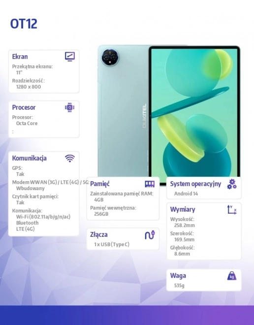 Tablet 11 palců 4 GB RAM 256 GB zelená