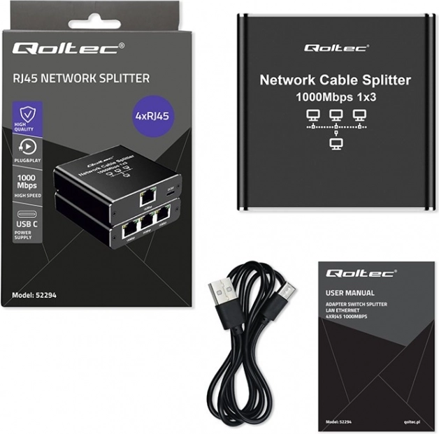 Ethernet rozdělovač mini switch 1x3 RJ45 1000Mb/s USB-C hliníkový