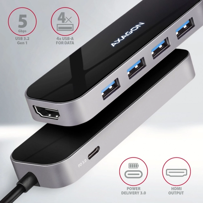 HMC-6H4A Víceportový rozbočovač 4x USB-A + HDMI, USB-C 3.2 Gen 1, PD 100W, 20cm kabel USB-C