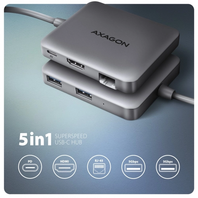 HMC-5HL Víceportový rozbočovač 2x USB-A, 4K HDMI, GLAN, USB 3.2 Gen 1, PD 100W, 15cm kabel USB-C