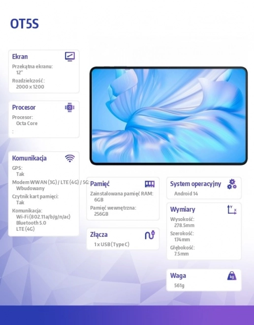 Tablet OT5S 4G 12 palců 6/256GB modrý