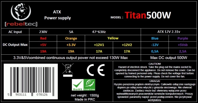 Univerzální počítačový zdroj ATX ver. 2.31 TITAN 500