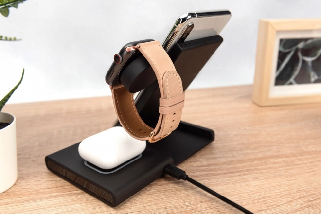 Skládací indukční nabíjecí stanice 3v1 15W MagSafe + Qi 1m USB černá