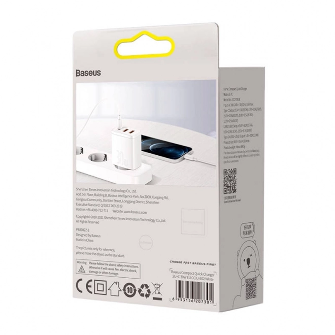 Baseus Compact Quick Charger, 2xUSB, USB-C, PD, 3A, 30W (bílá)