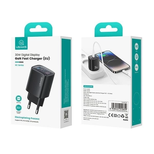 30W GaN LED USB+USB-C síťová nabíječka CC229 Rychlé nabíjení bílá