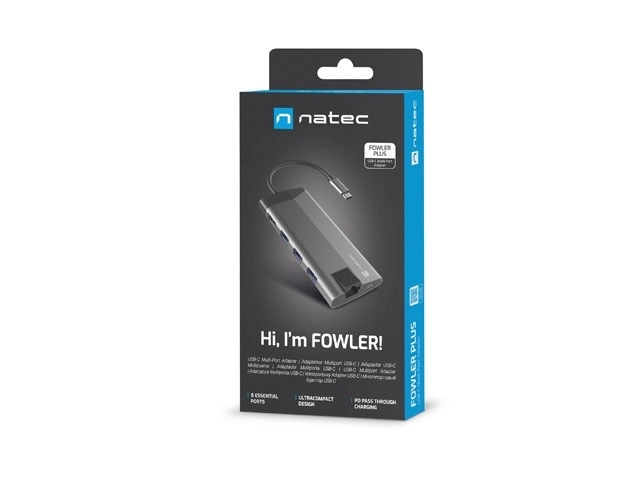 Rozbočovač USB‑C NATEC Fowler Plus 8 v 1, 3× USB 3.0, HDMI 4K, RJ‑45, SD/microSD, PD 100 W