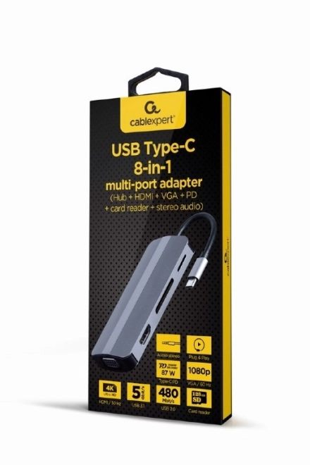 Adaptér USB-C 8v1, HDMI, USB-C, PD, VGA, USB 3.1, 2.0, audio, čtečka karet