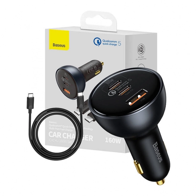 Nabíječka do auta Baseus Qualcomm, USB, 2x USB-C, 160 W (šedá)