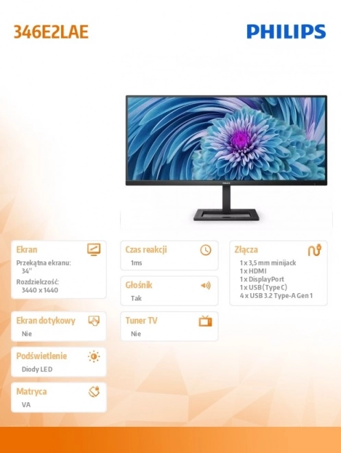 Monitor 34 palců 346E2LAE VA HDMI DP USB-C HAS Reproduktory