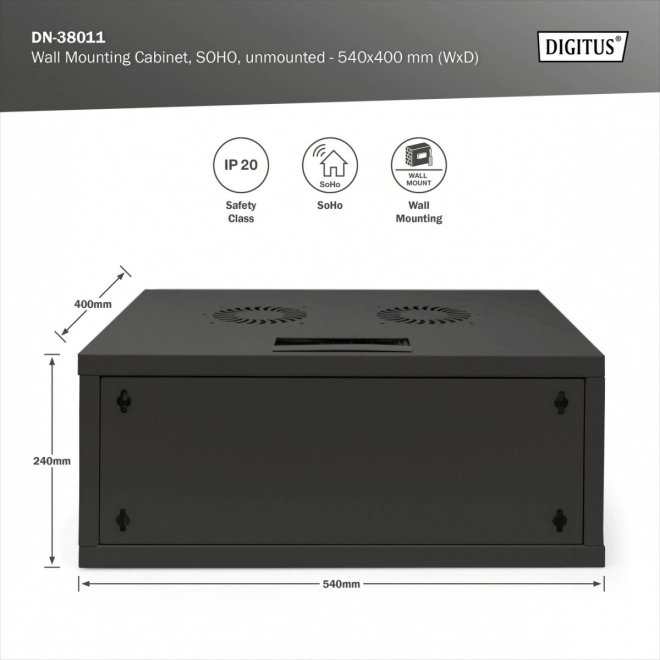 19" síťová skříň 4U pro montáž na stěnu, SOHO 241 x 540 x 400 mm, nosnost 60 kg, prosklené dveře, nemontovaná, černá
