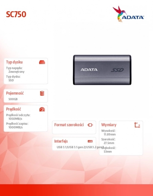 Externí SSD SC750 500G USB3.2C 1050/1000 MB/s