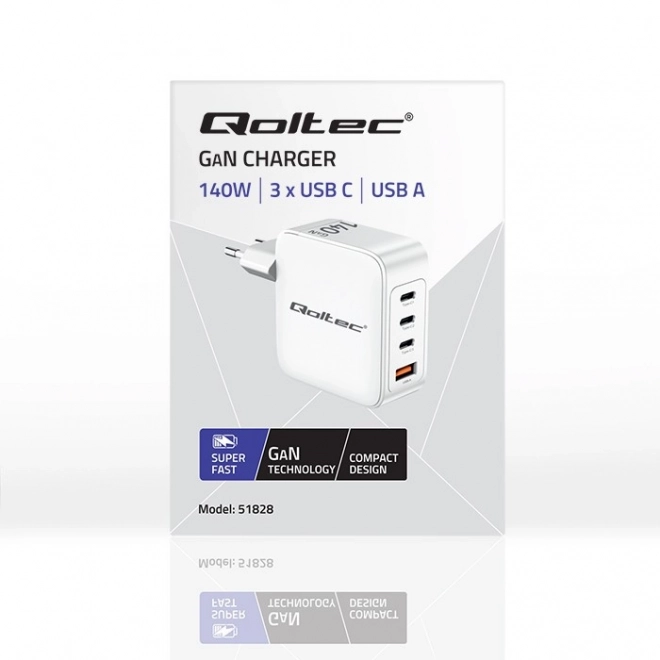 Napájecí nabíječka 140W GaN | 5-20V | 2,5-5A | 3xUSB-C PD | 1xUSBQC 3.0 | Bílá