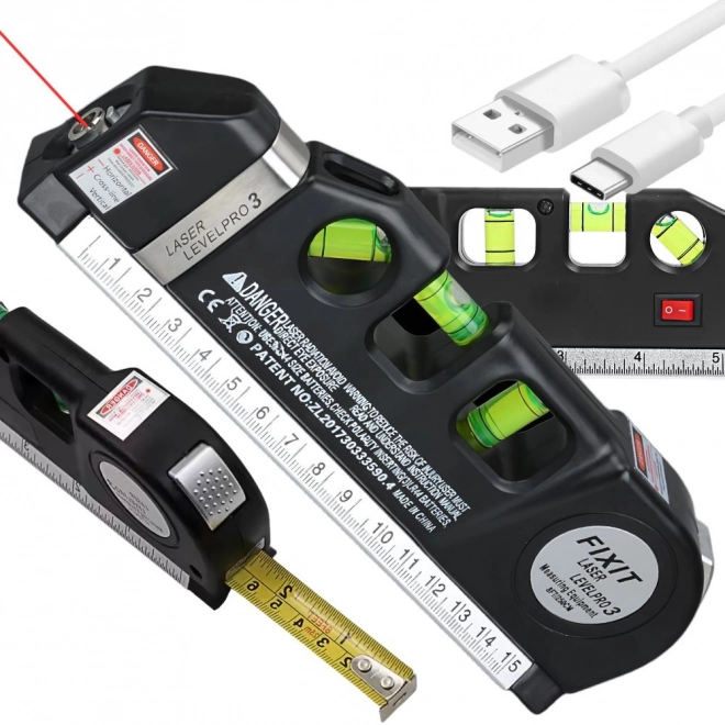 Laserová vodováha s metrem 2,5m a USB nabíjením
