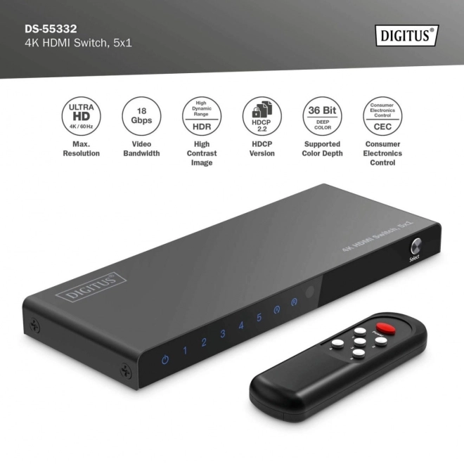 HDMI přepínač 4K s dálkovým ovládáním