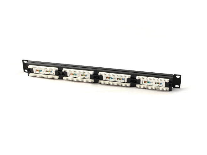 Patch panel 19" 24 portů, cat.5e, U/UTP, 1U, černý (kompletní)