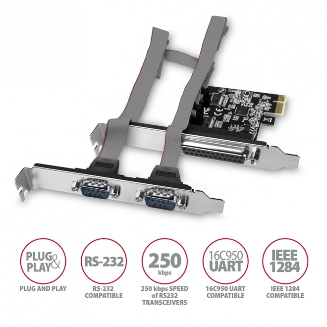 PCEA-PSN PCIe řadič 1x paralelní port LPT + 2x sériový port RS232 250 kb/s, SP a LP v ceně