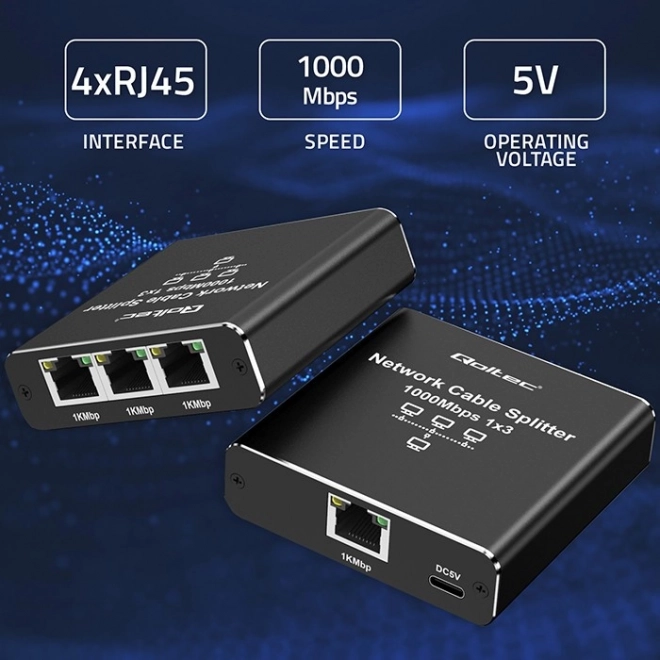 Ethernet rozdělovač mini switch 1x3 RJ45 1000Mb/s USB-C hliníkový