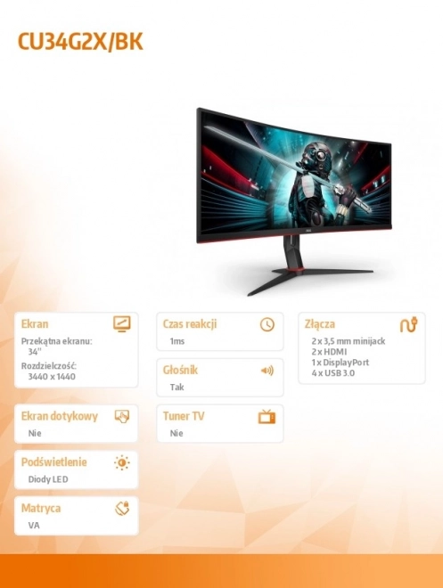 Monitor CU34G2X/BK 34 palců VA 144Hz 1ms HDMIx2 DP Výškově nastavitelný