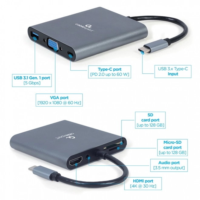 Adaptér USB-C Rozbočovač HDMI USB-C PD VGA USB 3.0 Zvuková karta