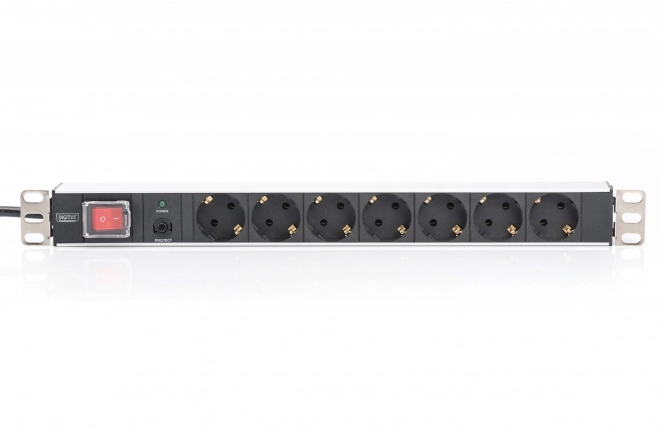 PDU 19" rack, 7x zásuvka schuko, 2,0 m, 1x zástrčka unischuko, 16 A, zapnuto/vypnuto, ochrana proti přetížení, hliníkový profil