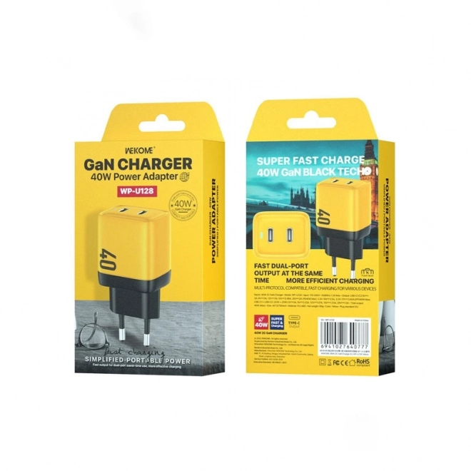 Síťová nabíječka 2x USB-C Super Fast Charger GaN 40W žlutá