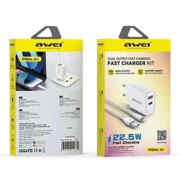 GaN PD81L 22,5W USB+USB-C síťová nabíječka + kabel USB/Lightning