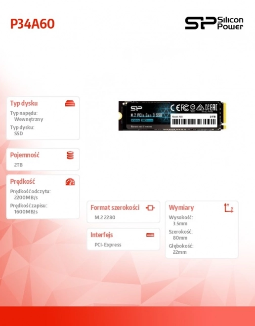 SSD P34A60 2TB PCIE M.2 NVMe 2200/1600 MB/s.