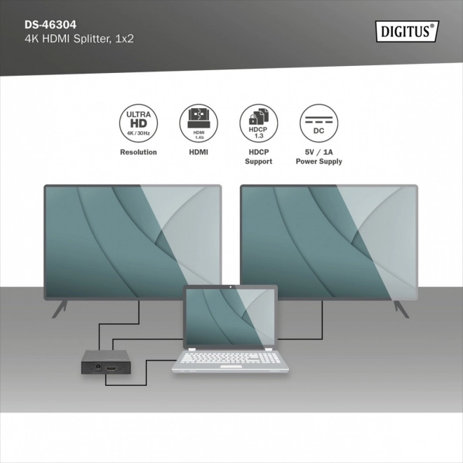 HDMI rozbočovač 2portový, 4K UHD 30Hz, 3D, HDCP 1.3, audio