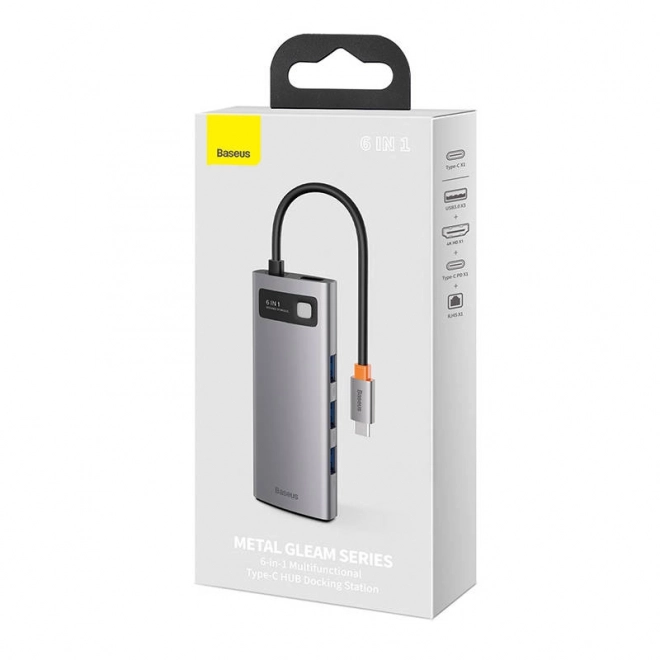 Hub 6v1 Baseus Metal Gleam Series, USB-C na 3x USB 3.0 HDMI USB-C PD Ethernet RJ45