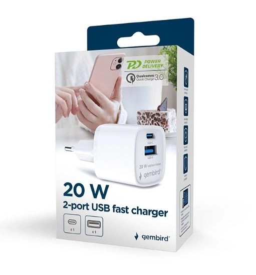 USB-A USB-C 20W PD QC3.0 mini-nabíječka bílá