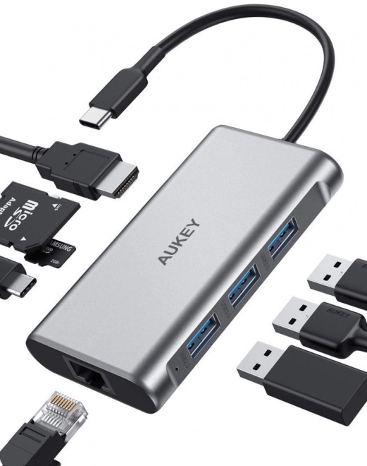 CB-C91 hliníkový USB-C HUB | 8v1 | RJ45 Ethernet 10/100/1000Mbps | 3xUSB 3.1 | HDMI 4k@30Hz | SD a micro SD | USB-C Power Delivery 100W