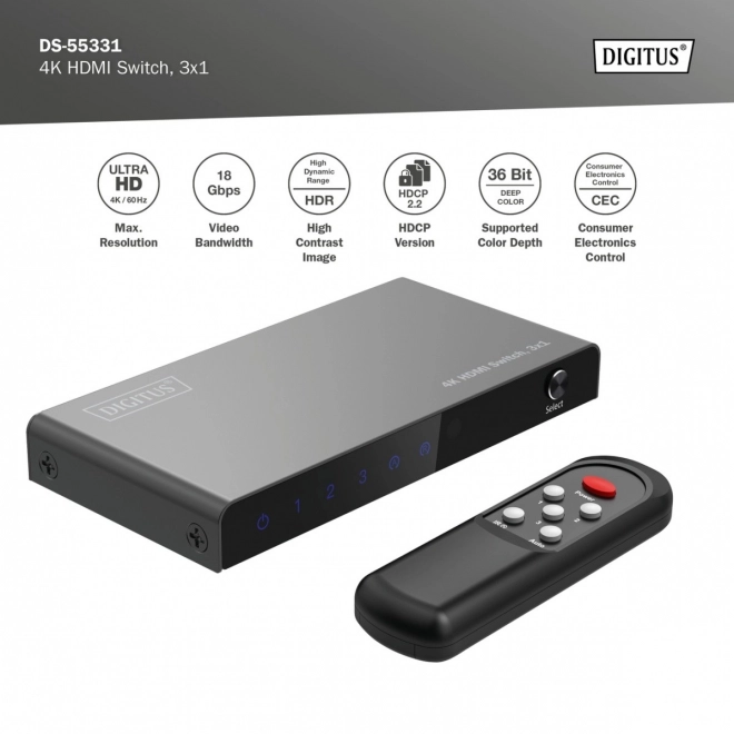 Přepínač 4K HDMI 3x1 s dálkovým ovládáním