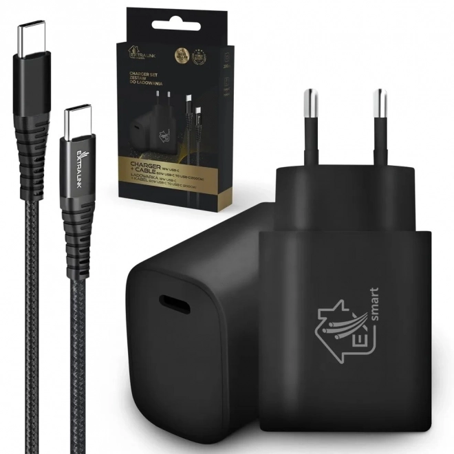Extralink Smart Life sada USB Type-C do Type-C, 200 cm, černá + nabíječka 18W PD3.0 černá