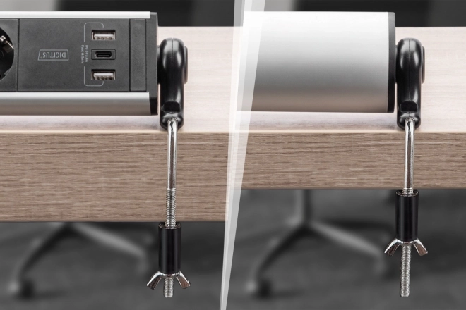 Stolní napájecí lišta s 6 zásuvkami, 2x USB‑A a 1x USB‑C, otočná o 180°, hliníková, se svěrkami – DIGITUS