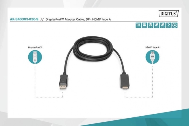 Adaptační kabel DisplayPort 1.2 s nacvakávacím konektorem 4K 60Hz UHD Typ DP/HDMI A M/M černý – 3 m