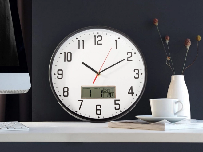 Velké tiché nástěnné hodiny s datem a teplotou