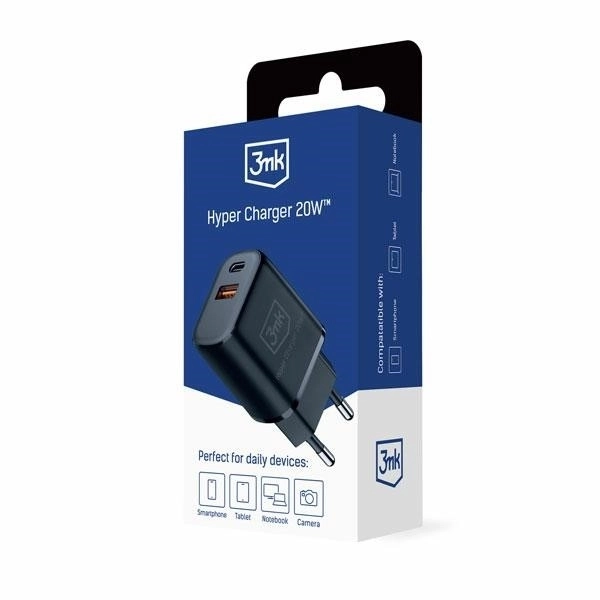 Nabíječka 20W 1xUSB-C +USB-A PD QC bez kabelu Černá