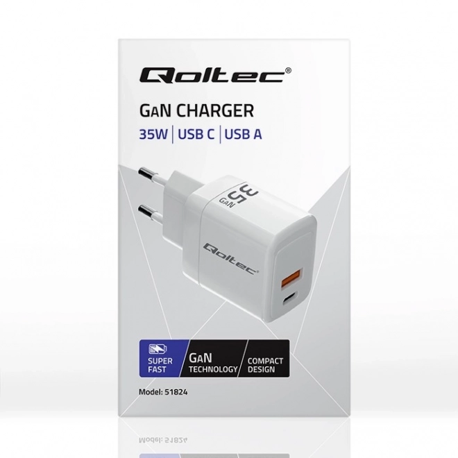 35W GaN | 5-20V | 1,5-3A | 1xUSB-C PD | 1xUSB QC 3.0 | Bílý