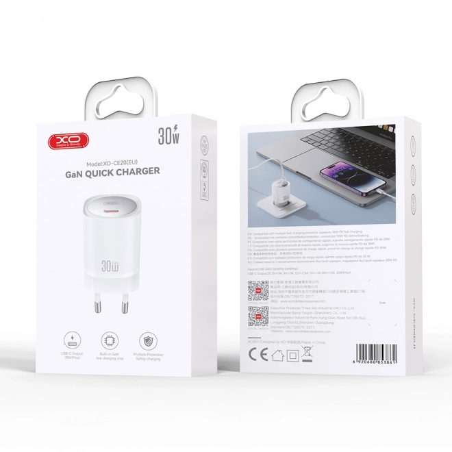 Nástěnná nabíječka XO CE20, 30W, GaN, USB-C