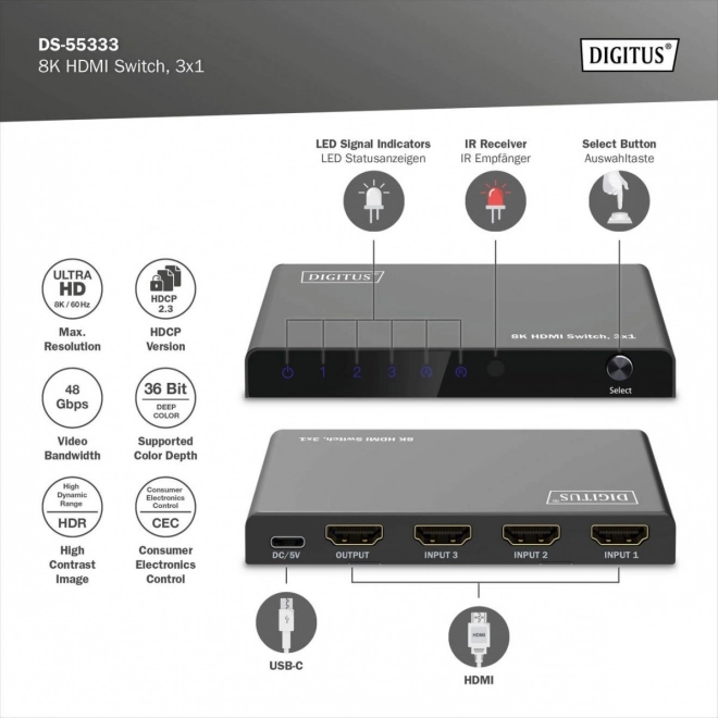 Přepínač HDMI 8K 3x1 s dálkovým ovládáním