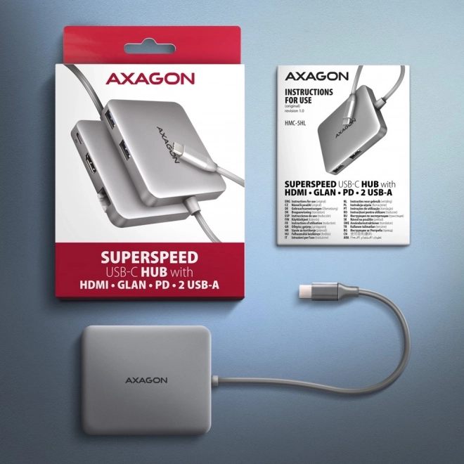 HMC-5HL Víceportový rozbočovač 2x USB-A, 4K HDMI, GLAN, USB 3.2 Gen 1, PD 100W, 15cm kabel USB-C