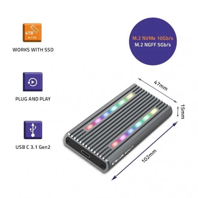 Externí obal na M.2 SSD disk s USB-C, RGB LED a kapacitou až 4TB