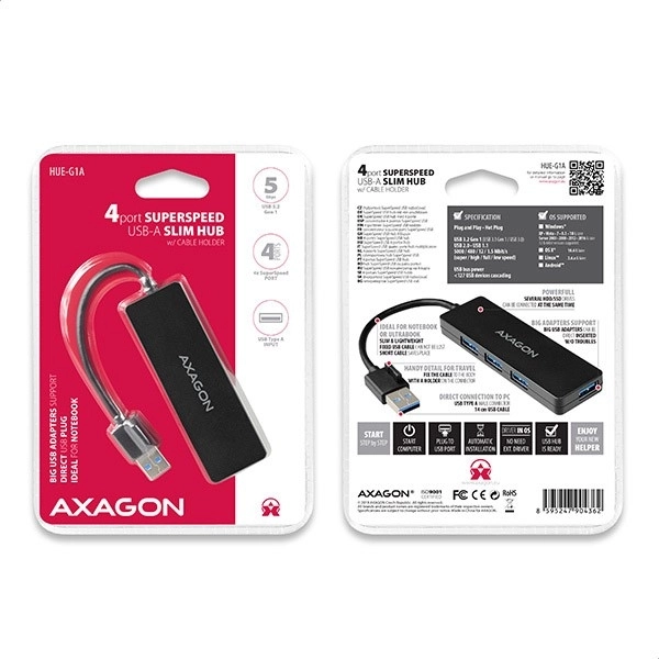 HUE-G1A 4-portový rozbočovač USB 3.2 Gen 1 SLIM, 14cm kabel typu A