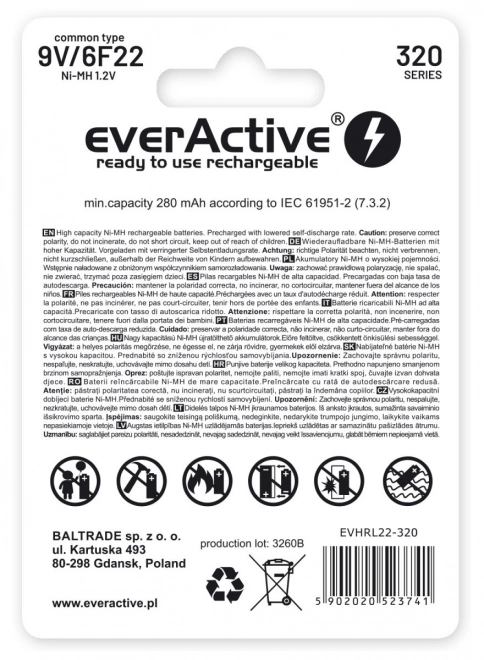 6F22/9V Ni-MH 320 mAh baterie 1 ks připravená k použití