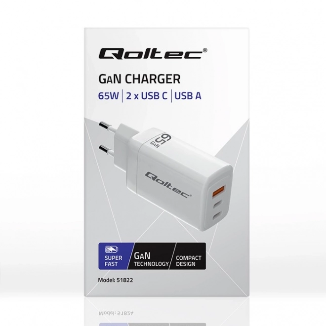 Napájecí nabíječka 65W GaN | 5-20V | 3-3,35A | 2xUSB-C PD | 1xUSBQC 3.0 | Bílá