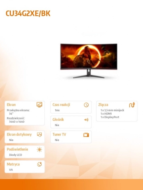 Zakřivený 34″ herní monitor VA, 144 Hz, HDMI, DisplayPort